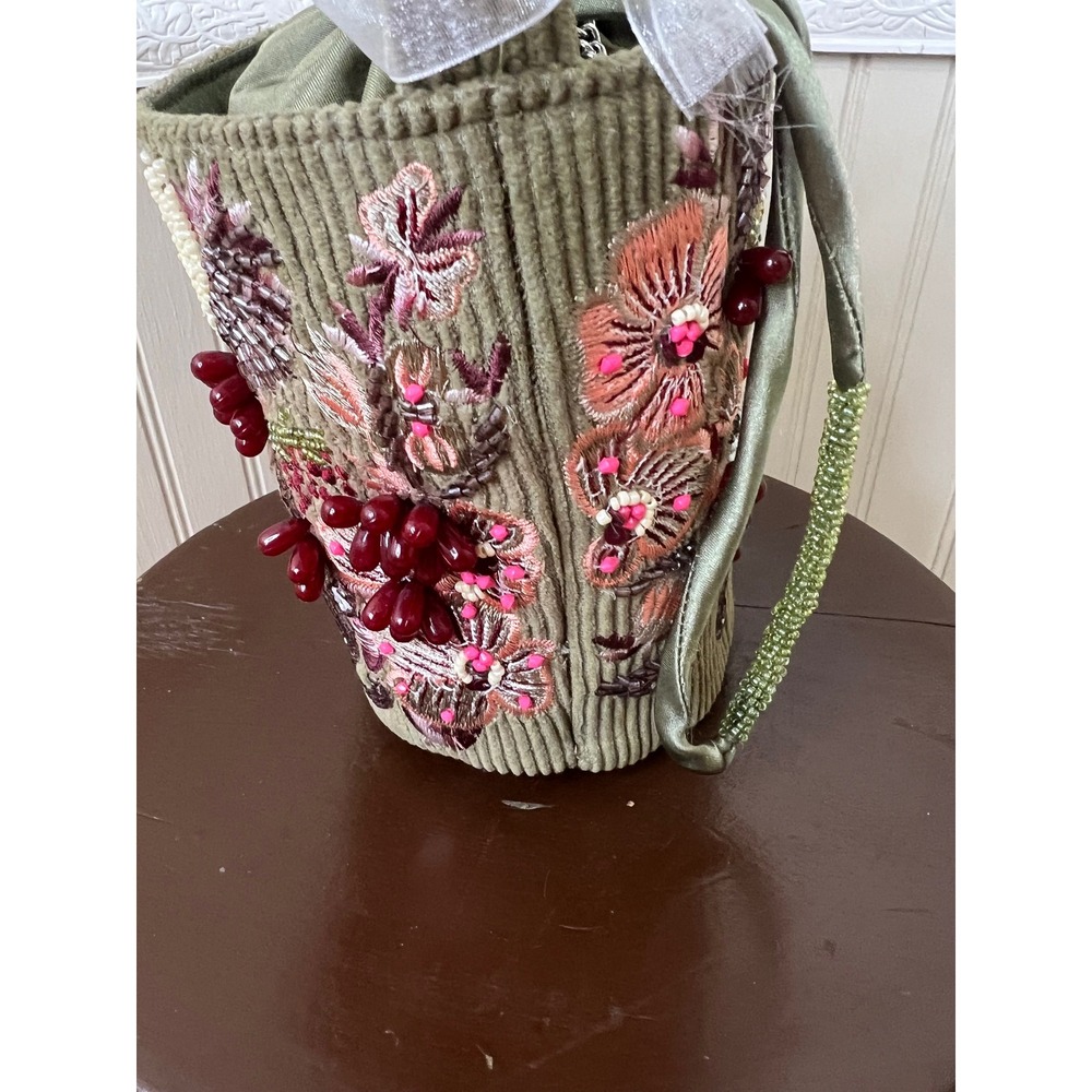 Handmade Beaded Corduroy Floral Bucket Bag Olive Green Drawstring India New - Picture 6 of 10